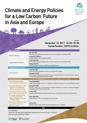 Climate and Energy Policies for a Low Carbon Future in Asia and Europe